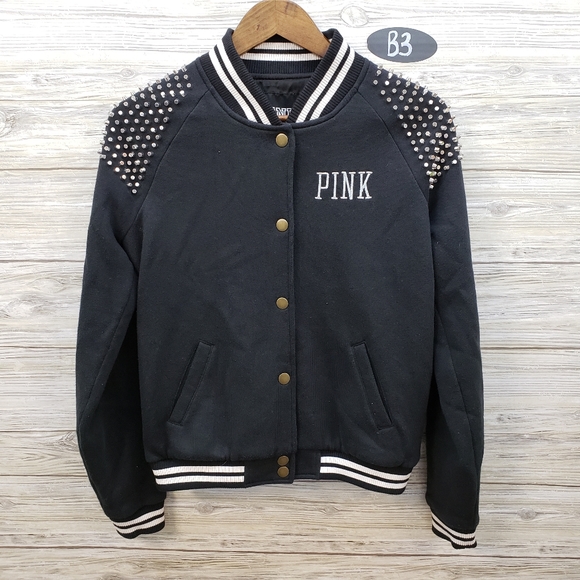 PINK Victoria's Secret Jackets & Blazers - Victoria's Secret Pink Black Studded Varsity Coat